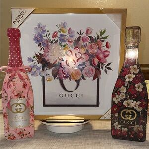Gucci Floral Art with Pink and Black Bottle Decor 3 Piece Set 14 by 14 frame